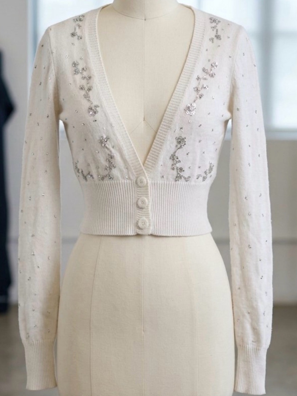 American Eagle Y2K Embellished Cream Cropped V-Neck Cardigan